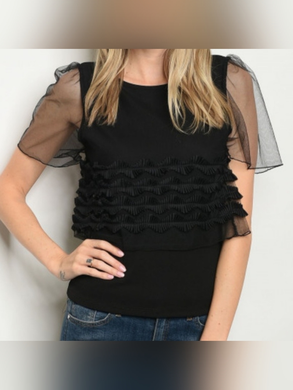 Black Ruffled Sheer Sleeve Top